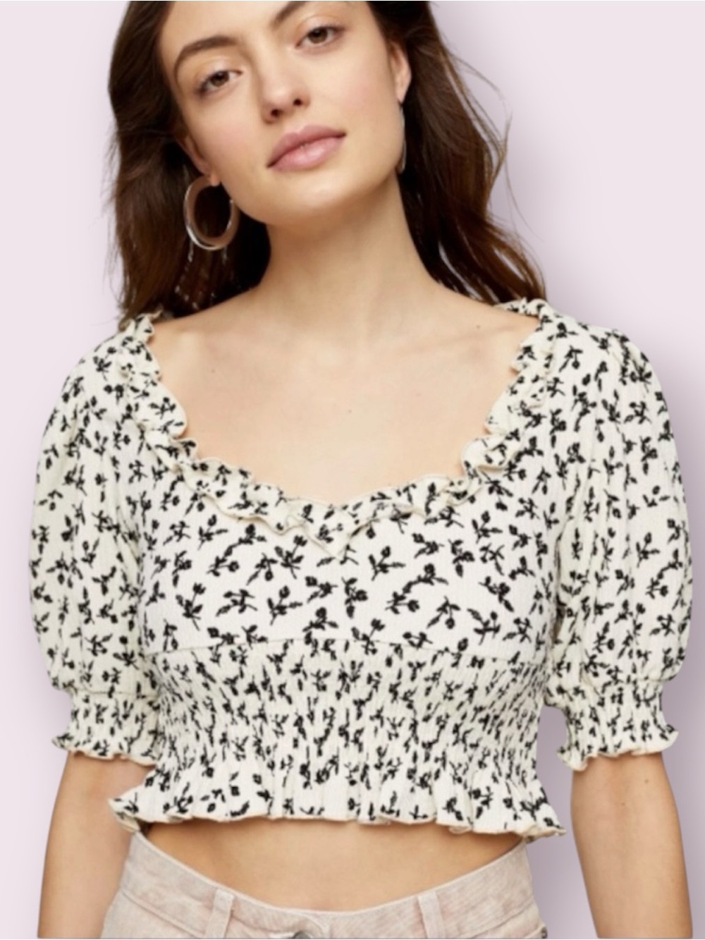 Topshop Floral Smocked Cropped Blouse Top White & Black Size 10